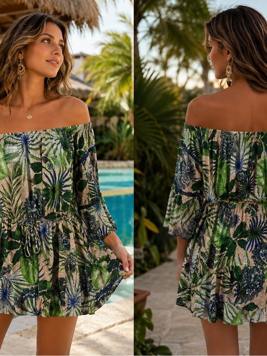 blue island Dresses & Skirts - Blue Island Off-Shoulder Green Tropical Print Dress